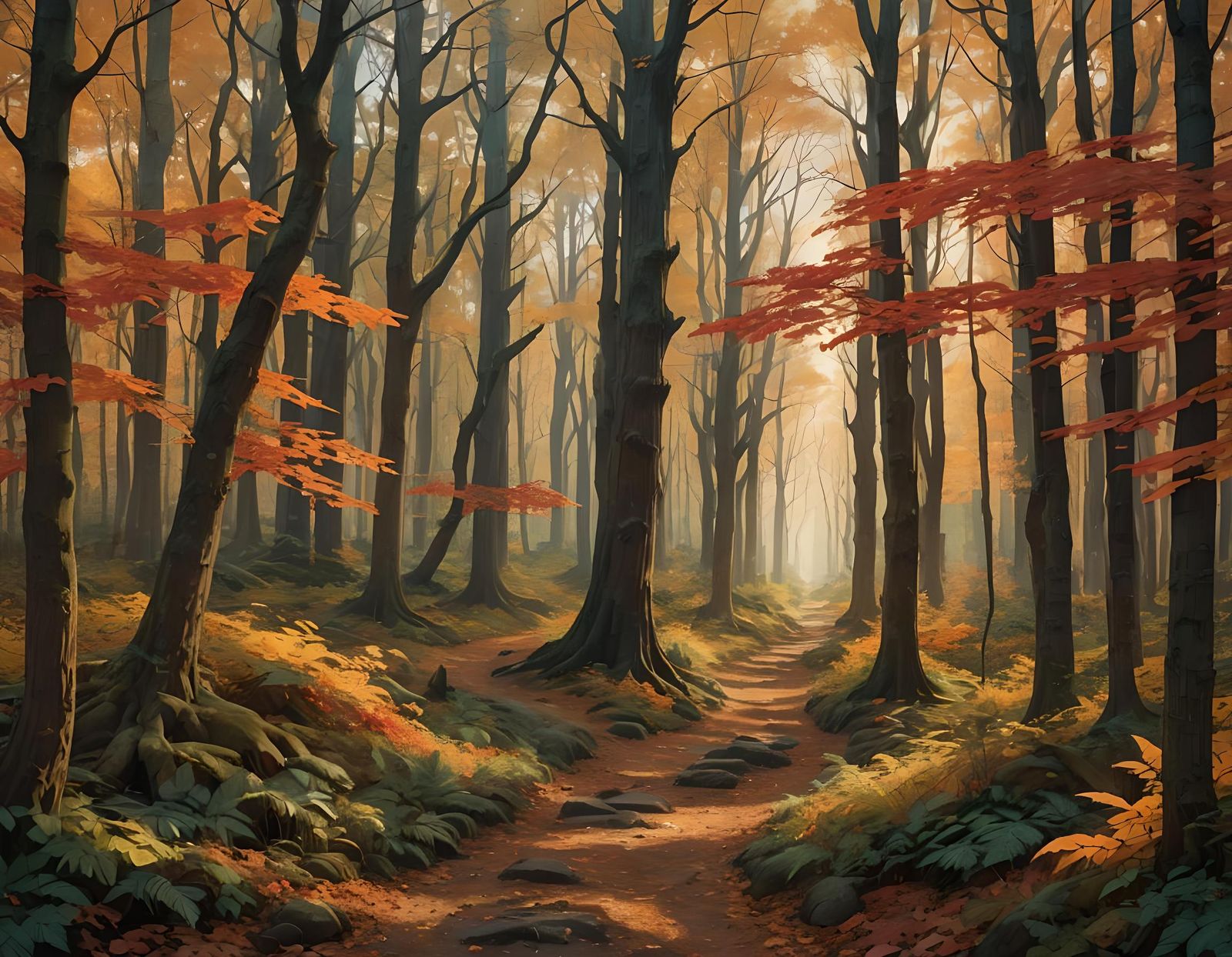 Golden Hour on Autumn Woodland Path