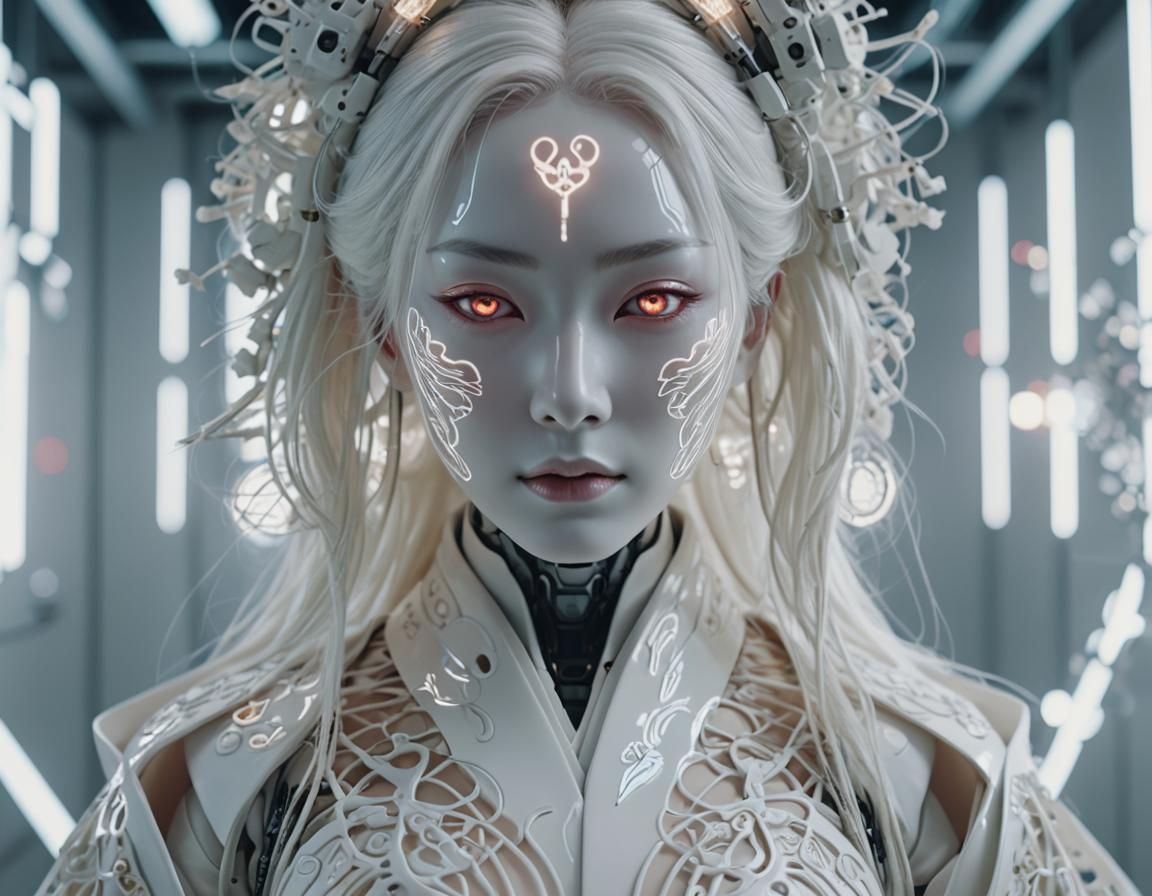 Hyperdetailed Android Geisha Portrait in Cinematic Style