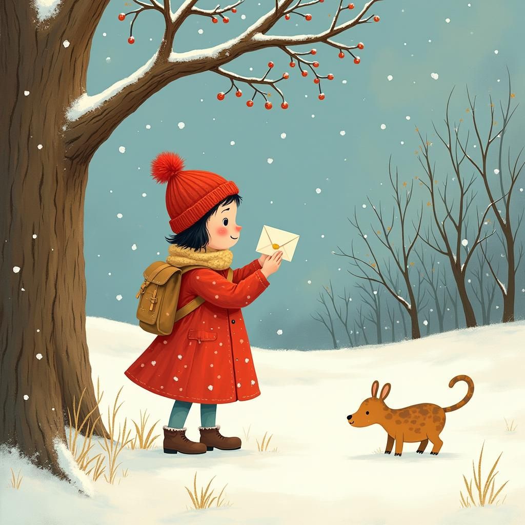 Winter Postcard: Girl Sending Letter in Gouache Style
