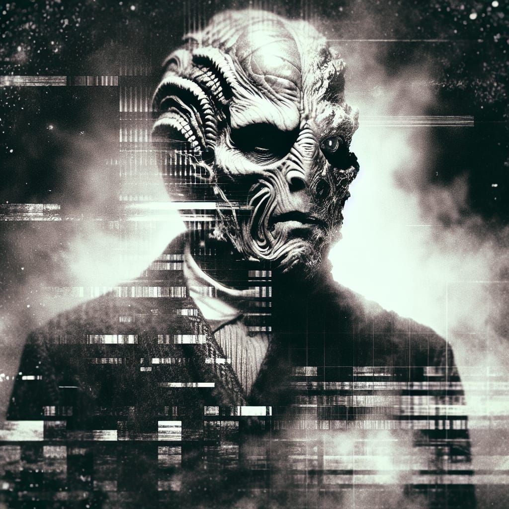 Terrifying Human-Alien Hybrid in Monochrome with Glitch Effe...