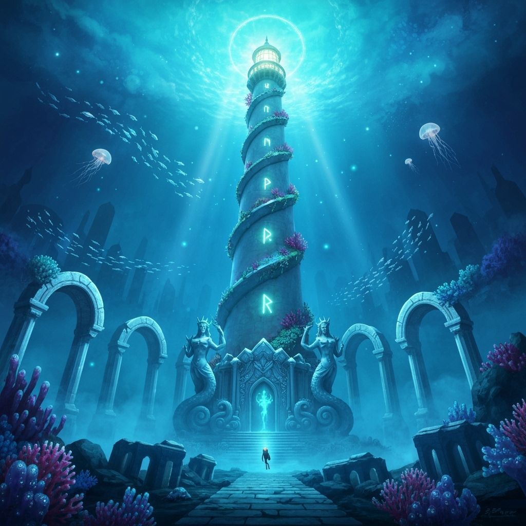 Atlantean Lighthouse with Bioluminescent Coral, Digital Art