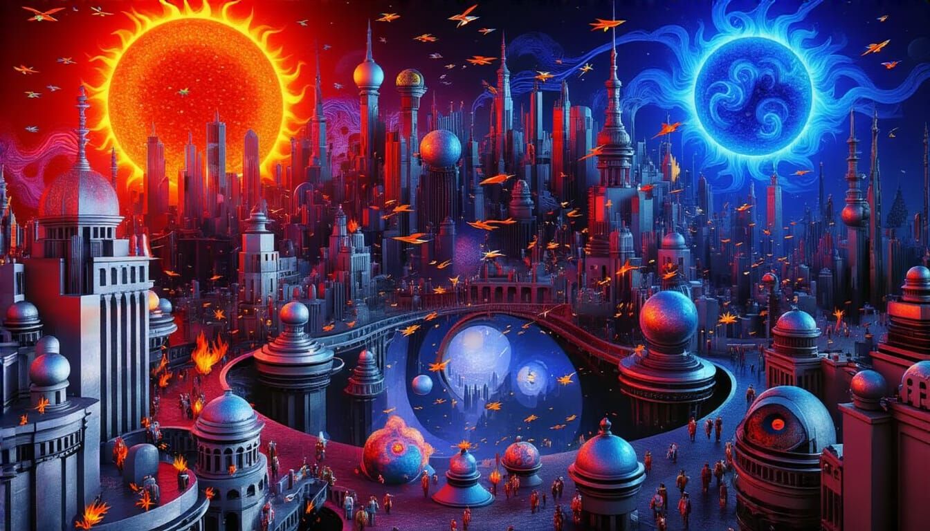 background and lighting to show multiple giant detailed suns one red one blue with coronas, sunspots, twisting plasma an...