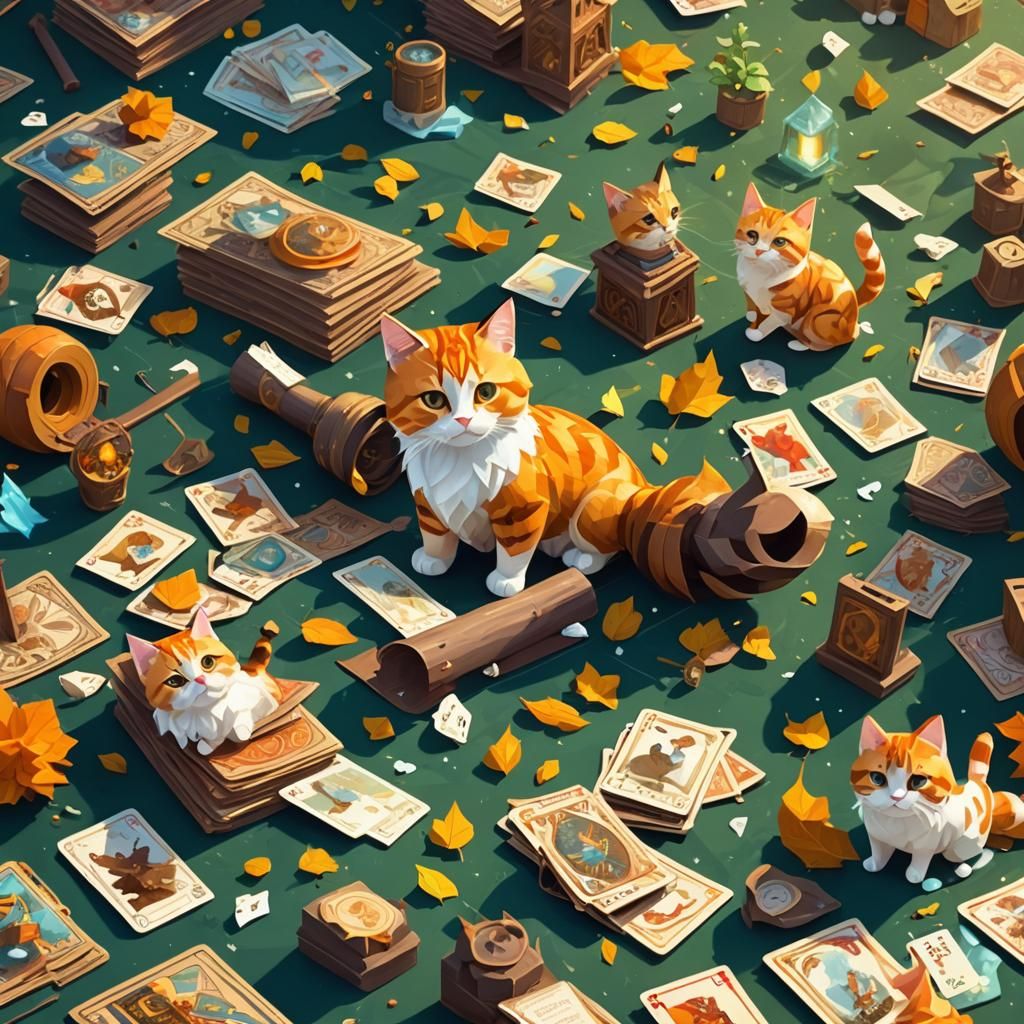 Cat Catching Tarot Cards in Low-Poly Digital Art