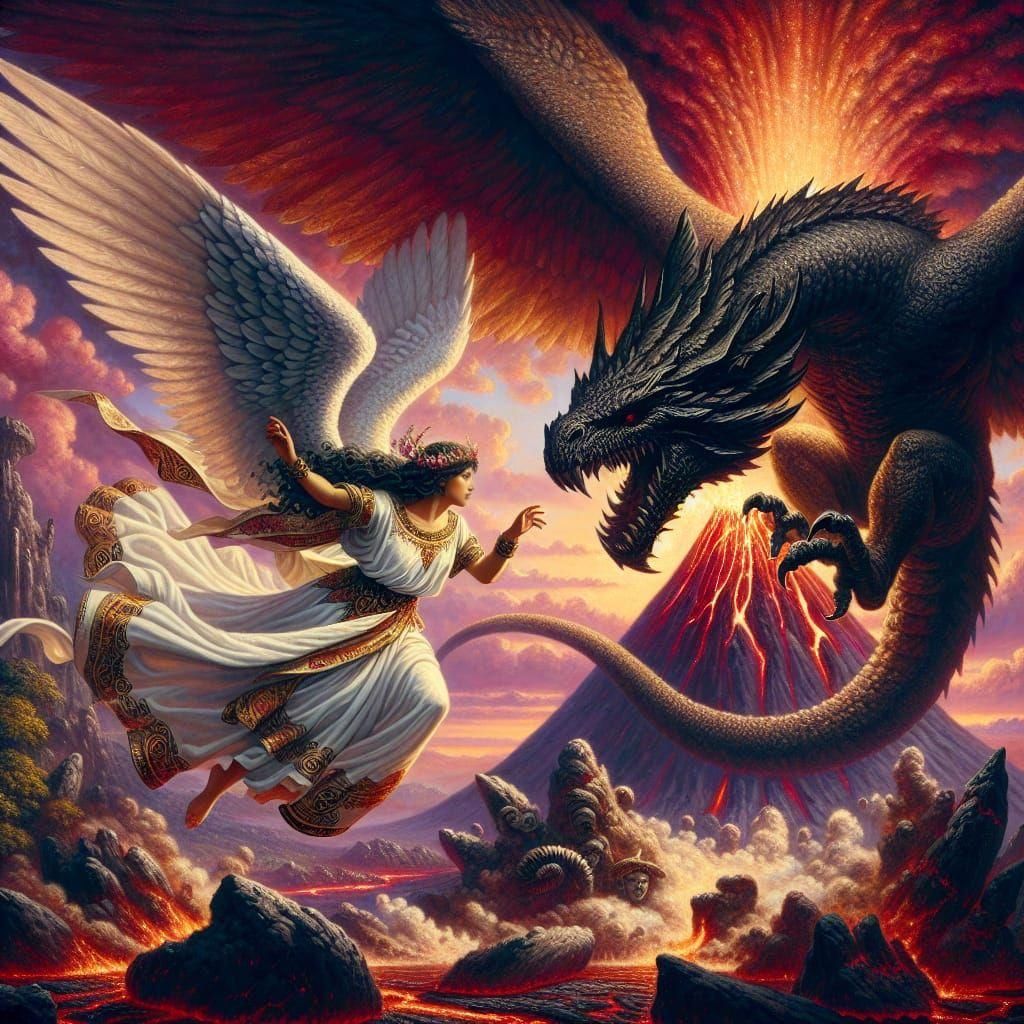 Angel and Dragon Battle Over Volcano
