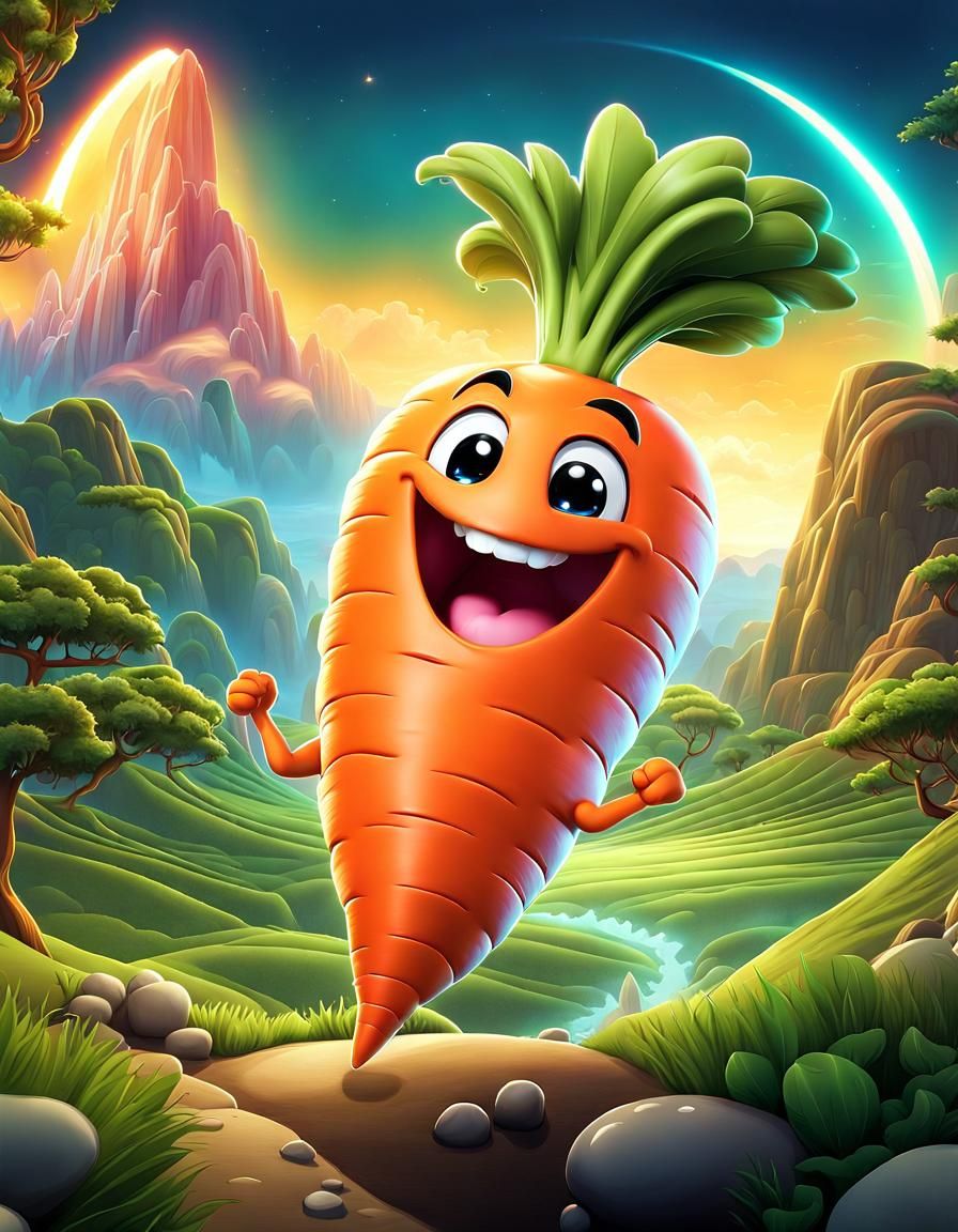 Laughing Chibi Carrot in Fantasy Landscape