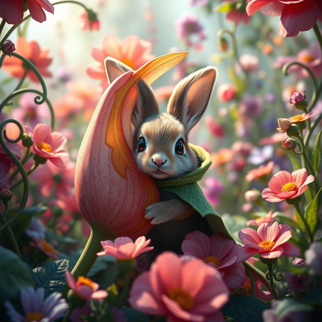 Whimsical Garden Bunny in Vibrant Floral Wonderland