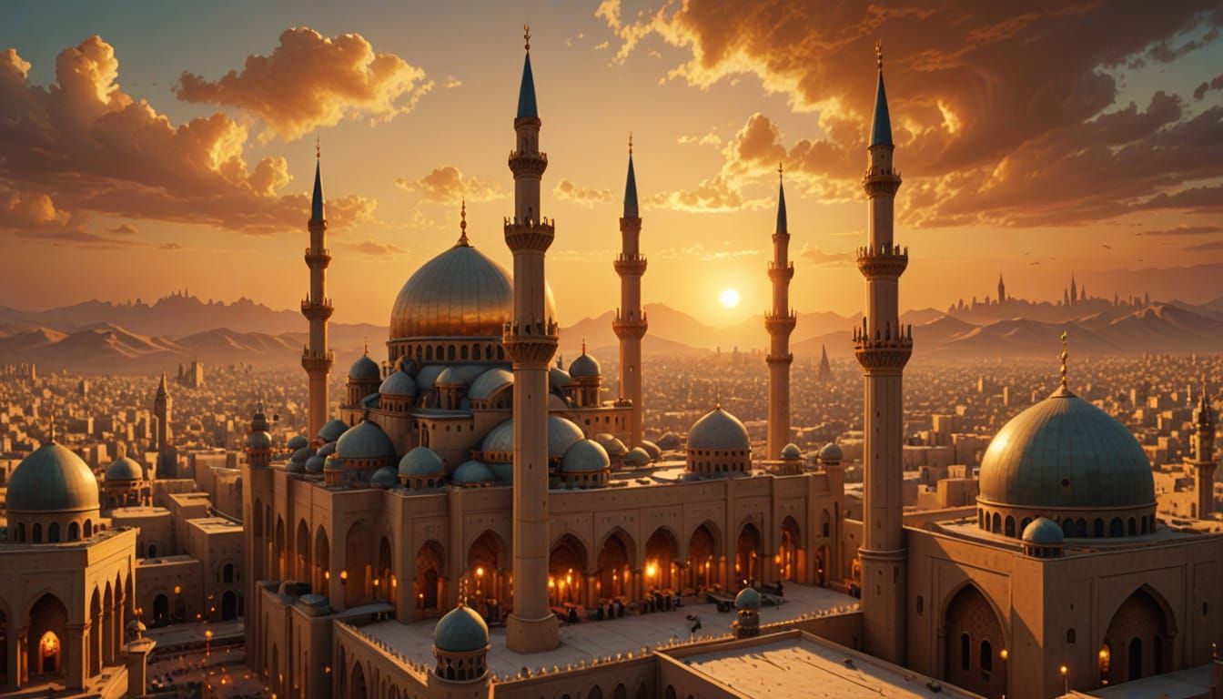 Golden Caliphate Cityscape in Vibrant Oil Painting Style