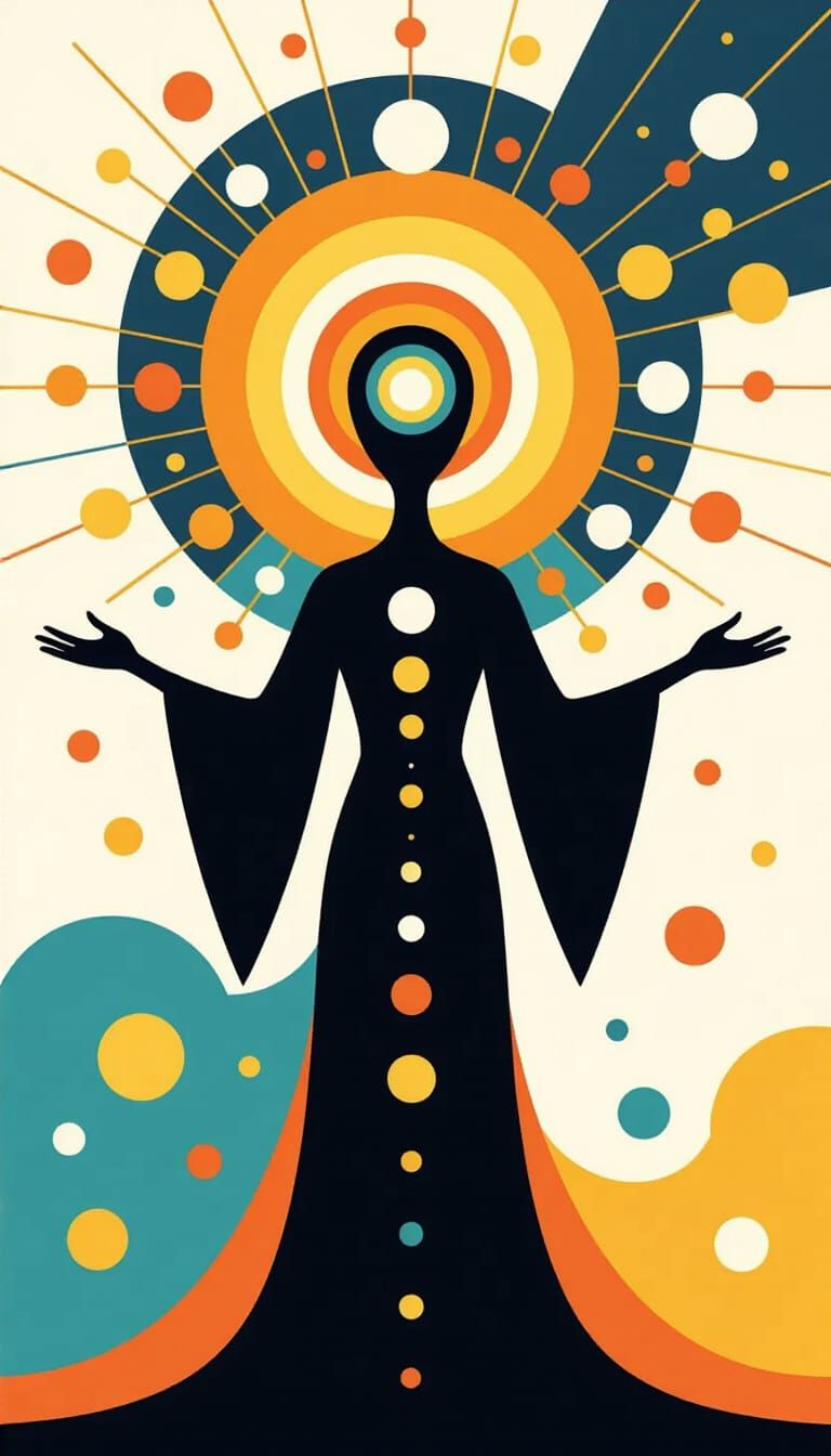 Mystical Figure with Radiant Orbs in Folk Art Style