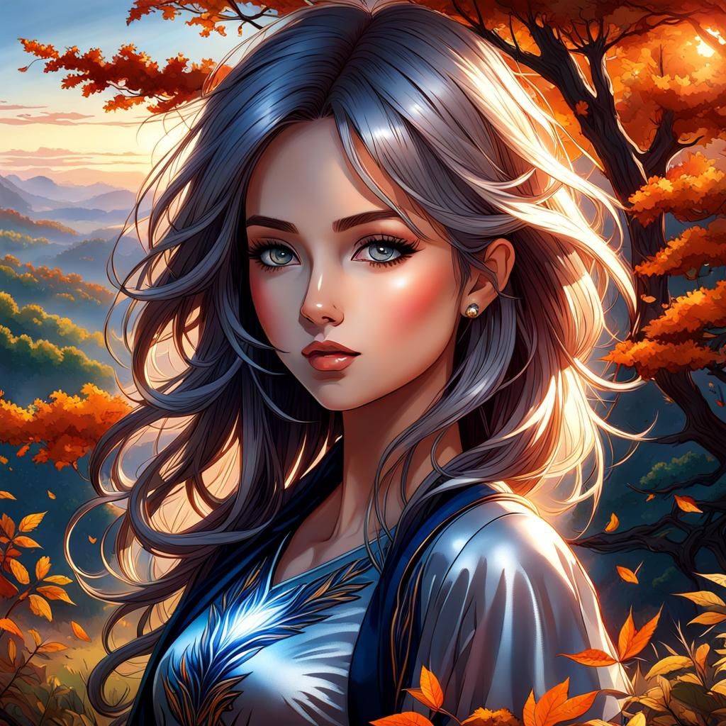 Hyperdetailed Girl Overlooking Autumn Forest at Sunrise