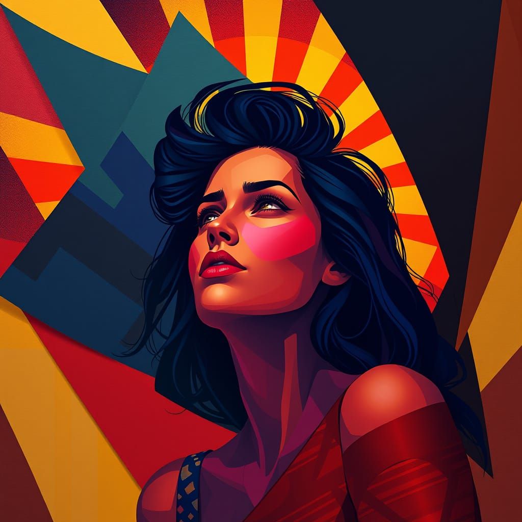 Woman Dreaming of Sunrise in Cubist Art Deco Style