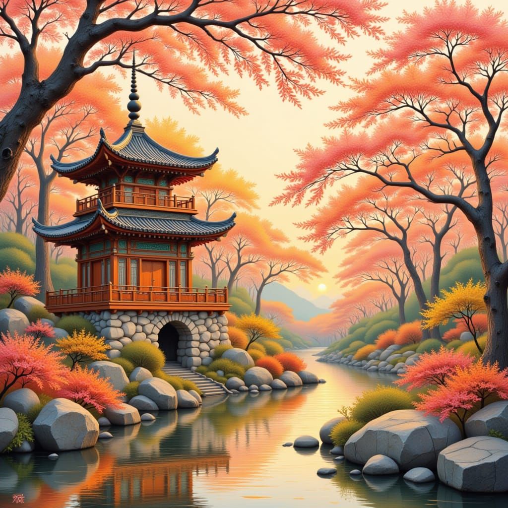 Folk Art Nouveau Chinese Temple Amidst Cherry Blossoms