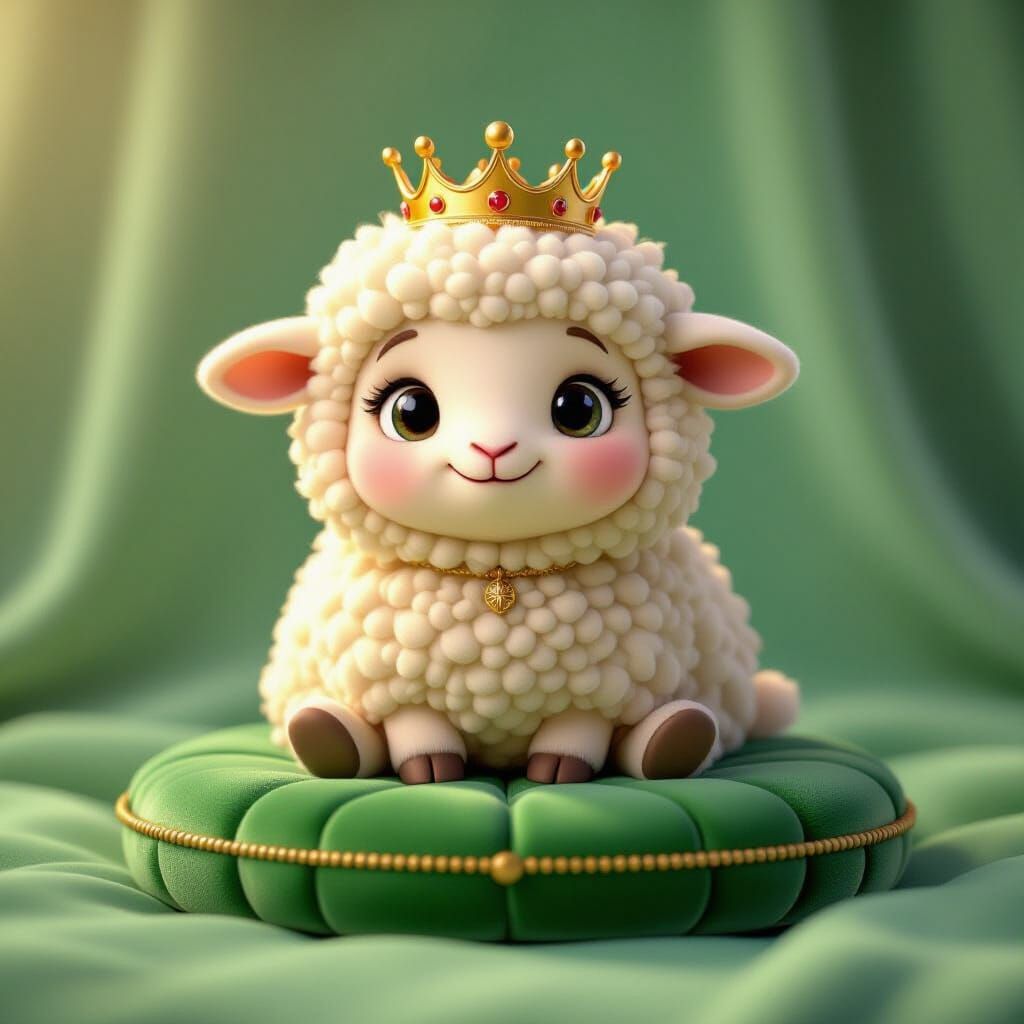 Regal Sheep on Velvet Cushion in Pixar Style