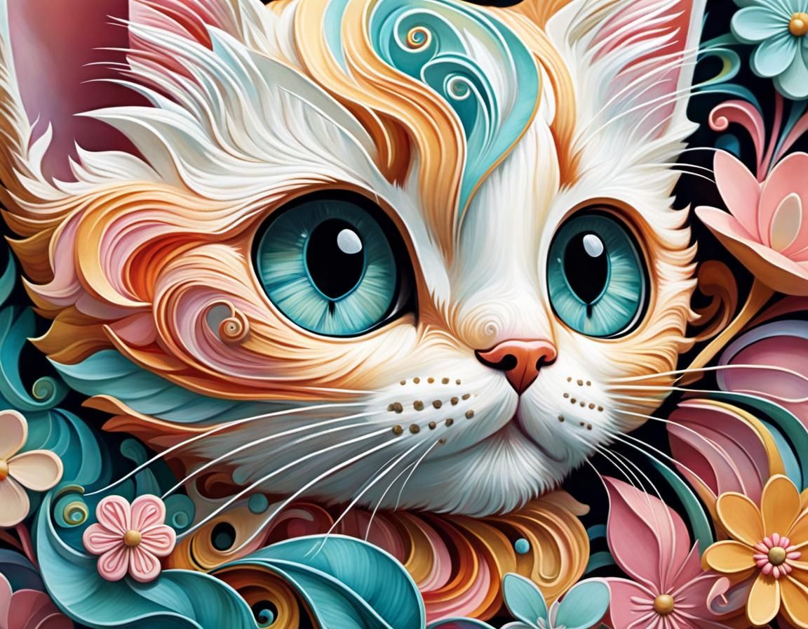 Kitten with Flower Petal Eyes in Gouache Wonderland