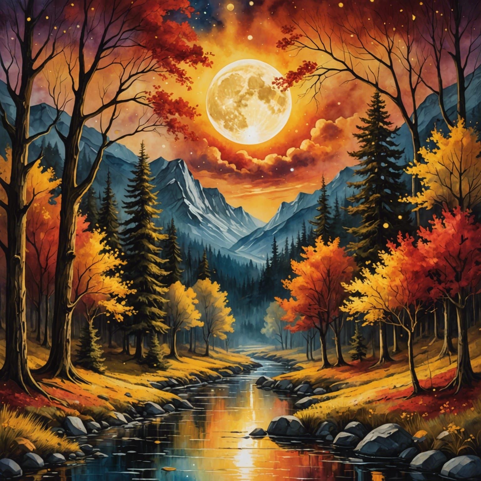 Golden Enchanted Forest in Oil, Watercolor, and Ink