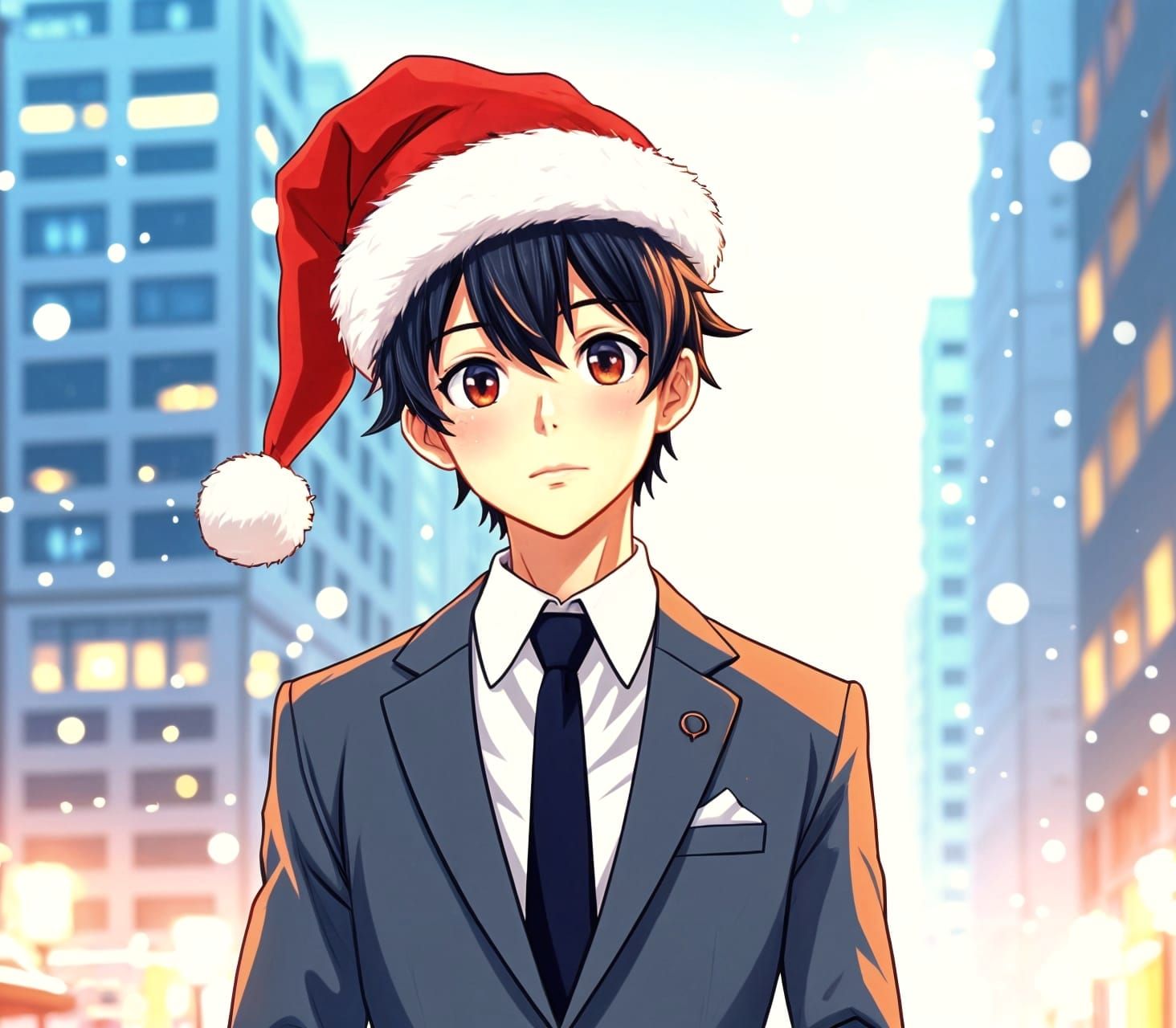 Handsome Teen in Christmas Hat, Anime Style