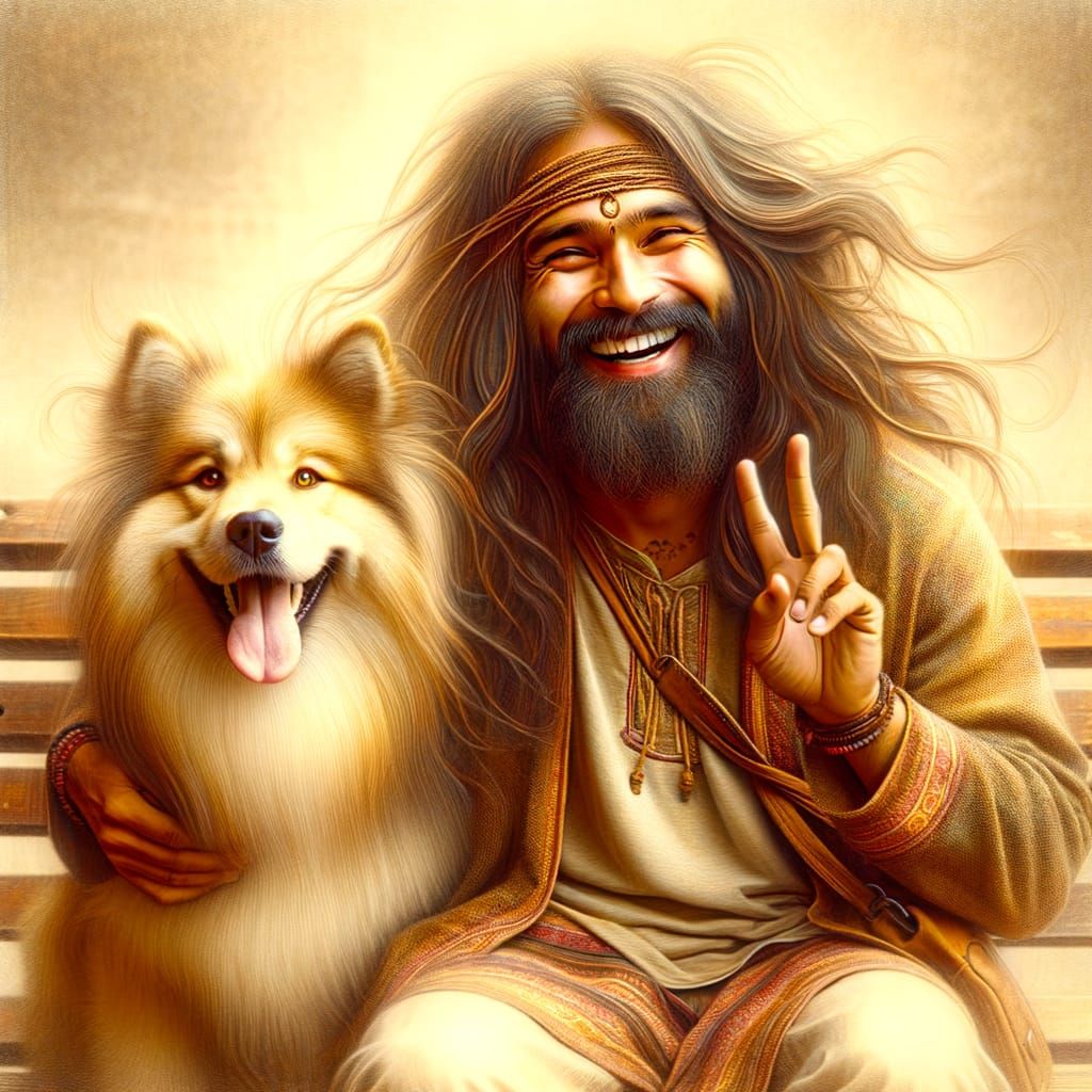 Bohemian Man and Fluffy Dog in Dreamy Airbrushed Style