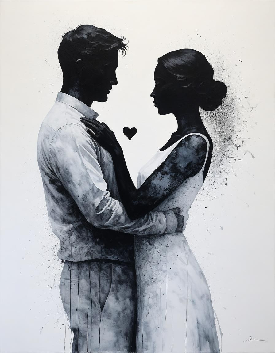 Oil and Coal Painting: Woman Embracing Man and Heart