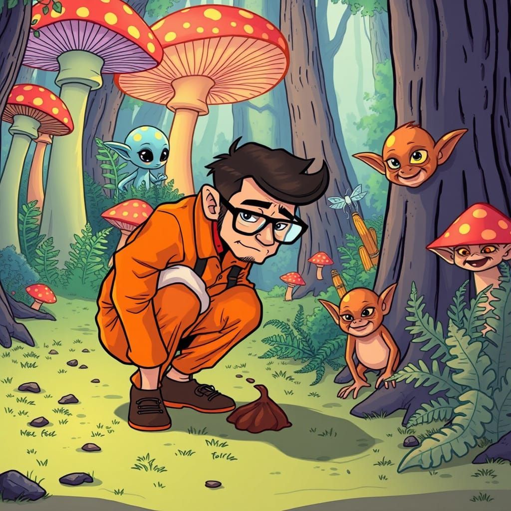 Colorful Man Takes a Reluctant Stool in a Whimsical Forest