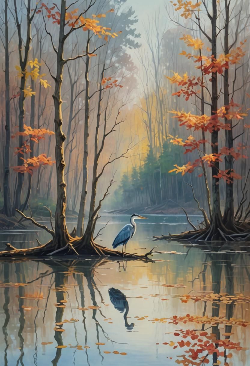 Heron in Autumn Forest Lake Oil Painting
