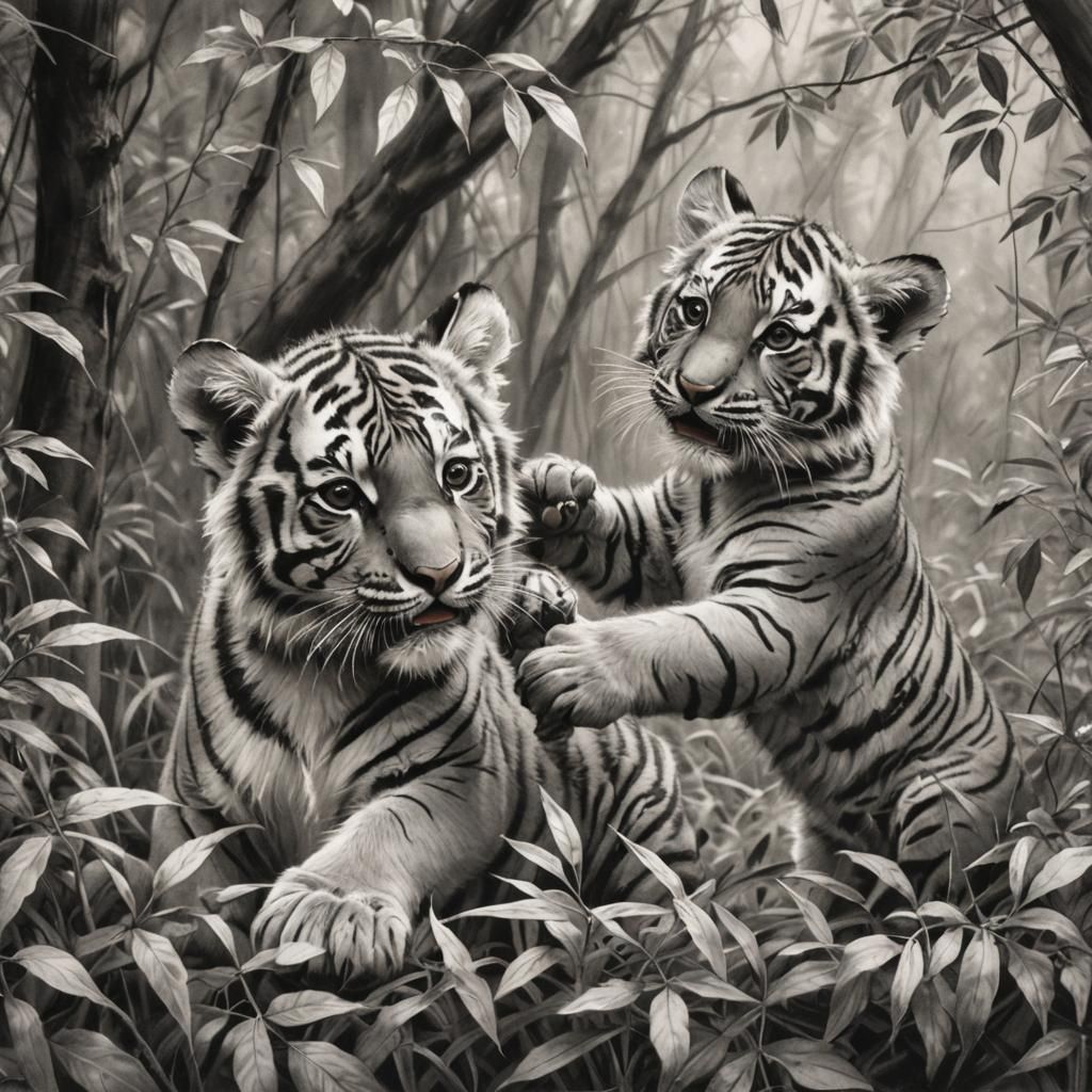 Tiger Cubs Playing: Expressive Black and White Sketch