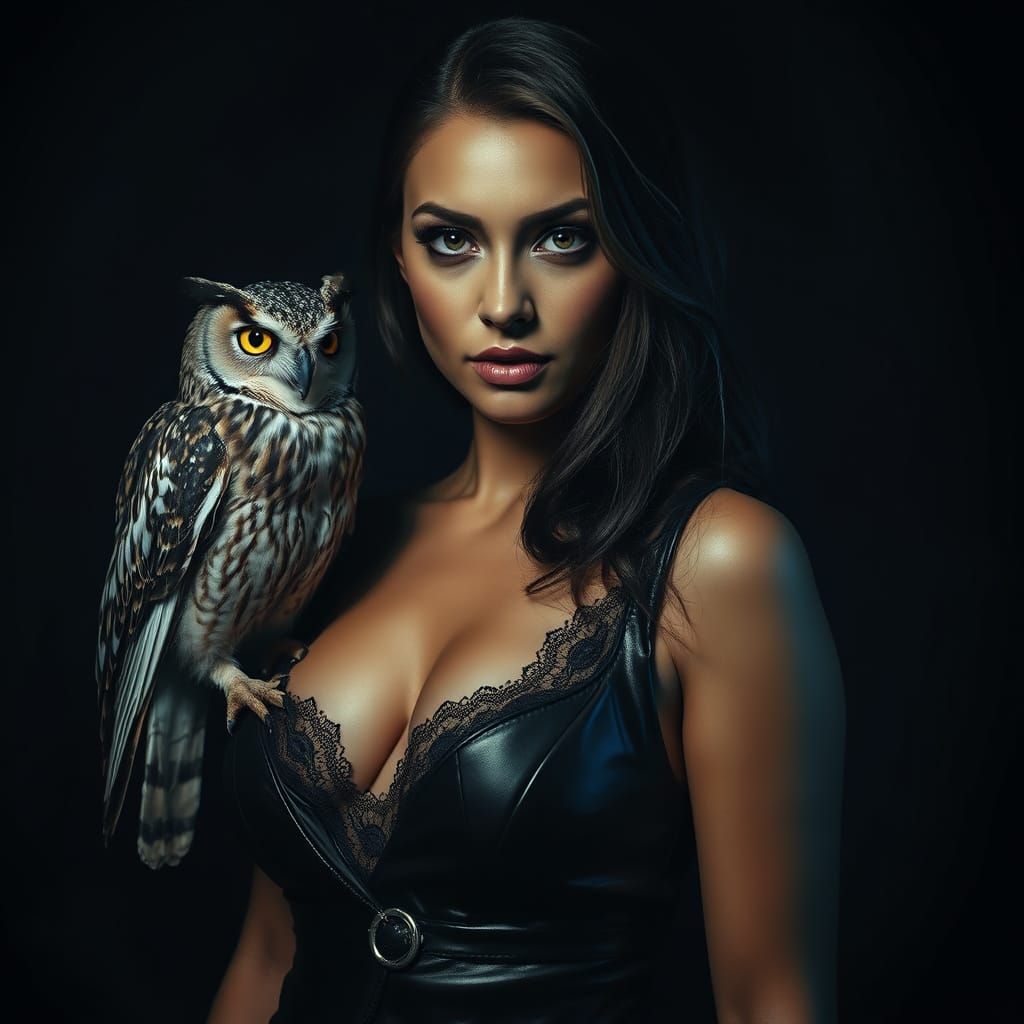 Ethereal Woman and Owl in Mystical Night