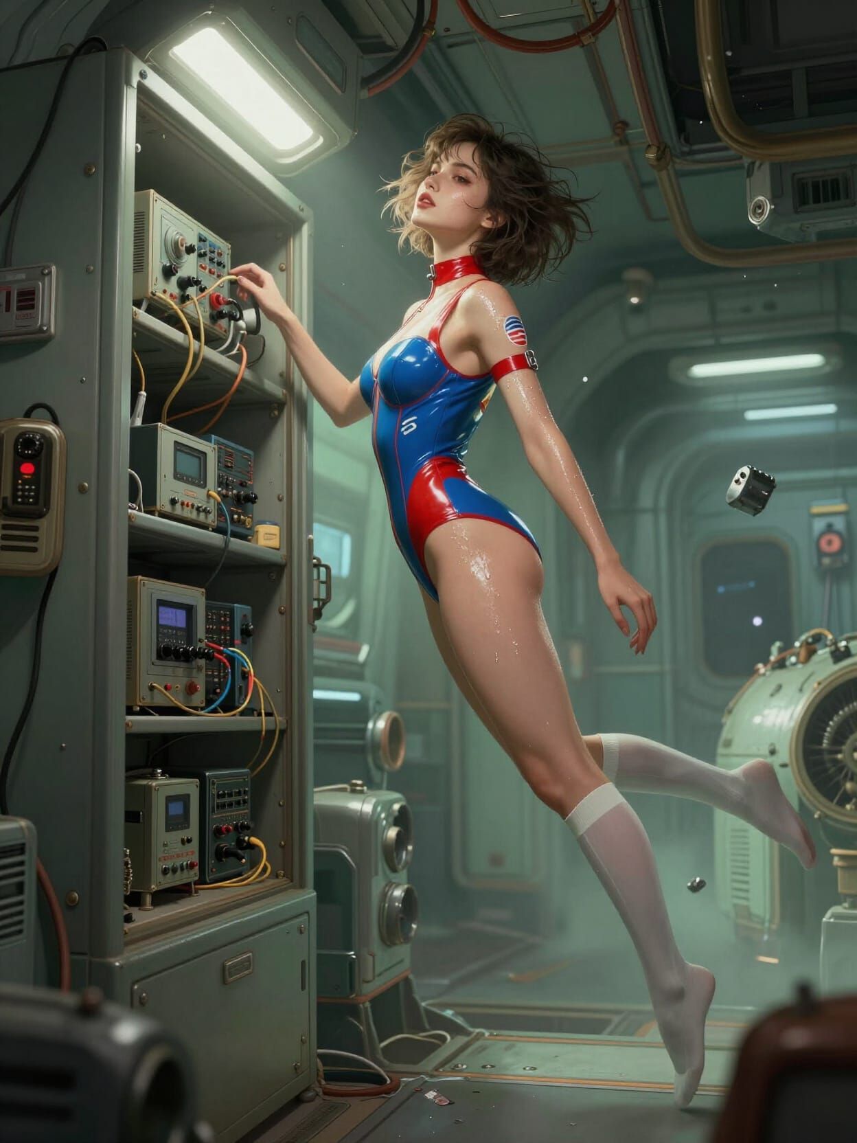 Woman Levitating in Zero-G Engine Room