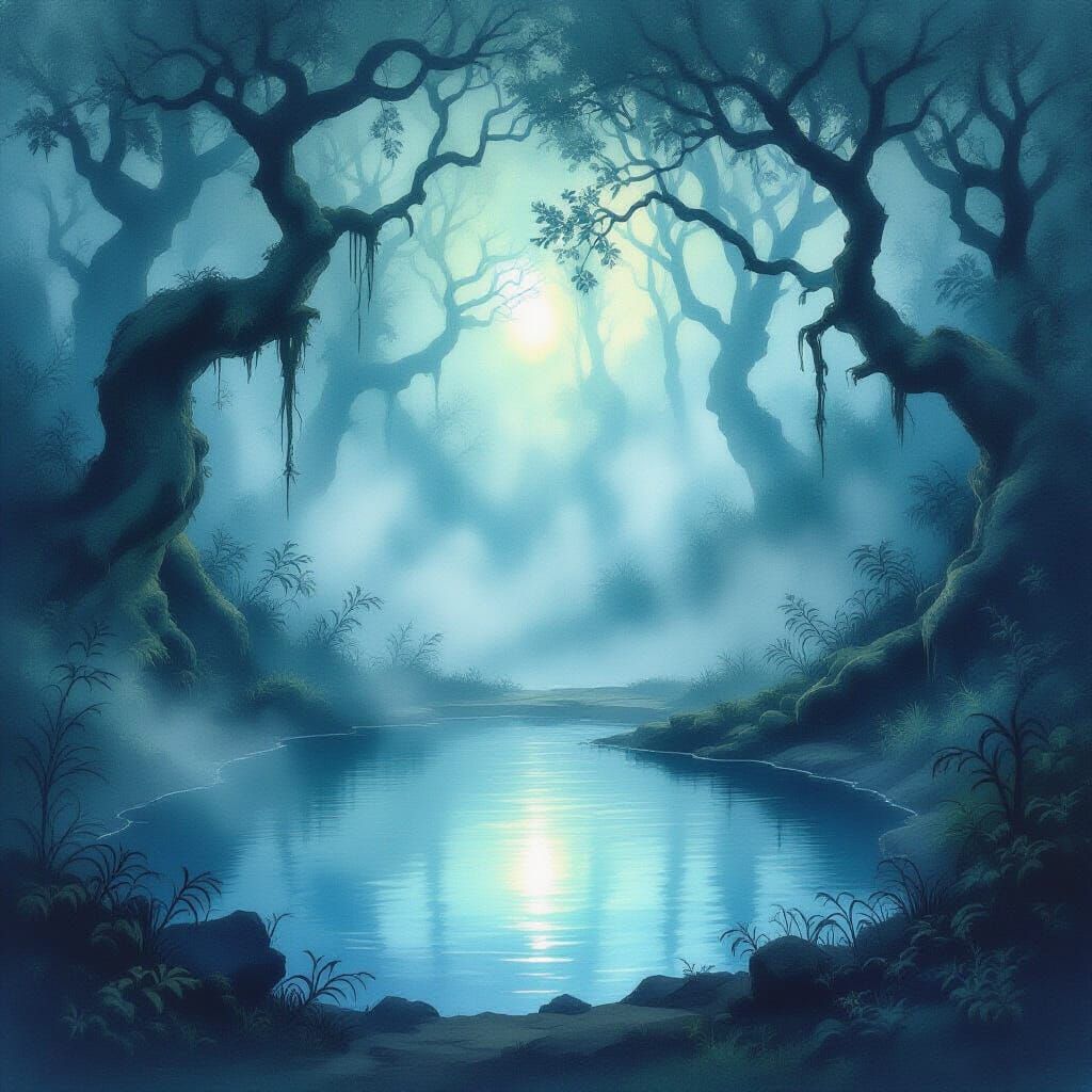 A hidden pool within a foggy forest
