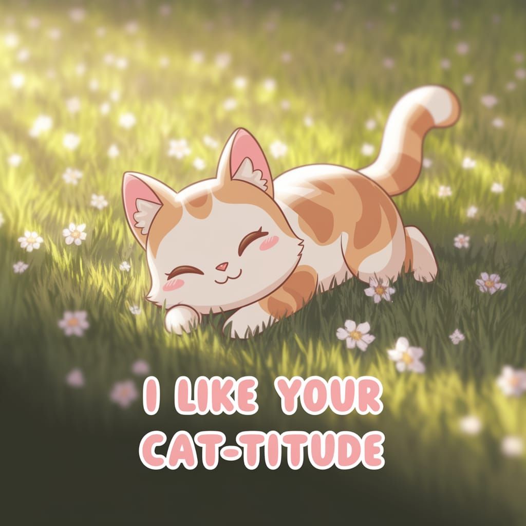 Chibi Anime Cat Basks in Serene Sunlit Meadow