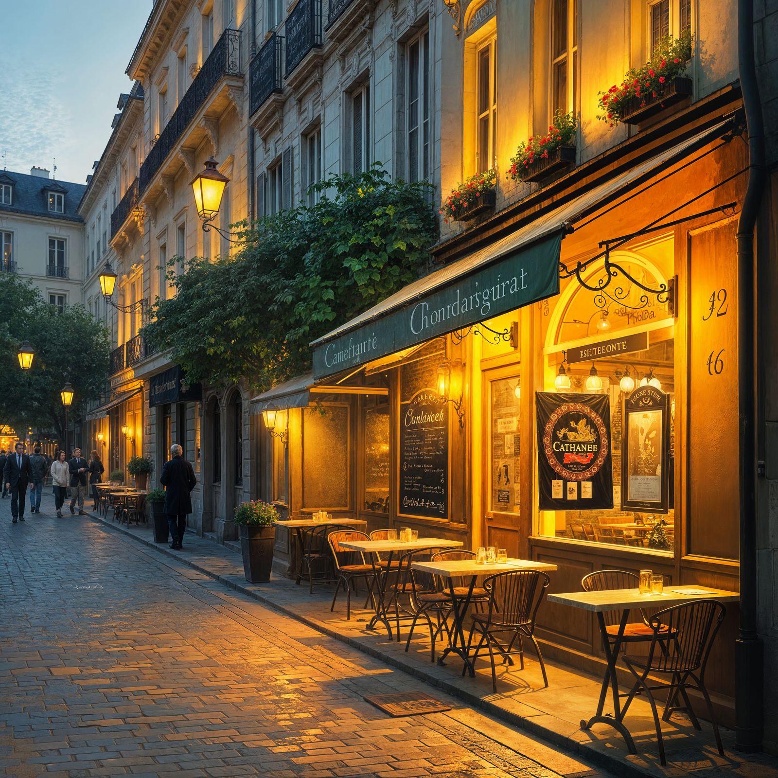 Evening Lamplight Outside French Restaurant