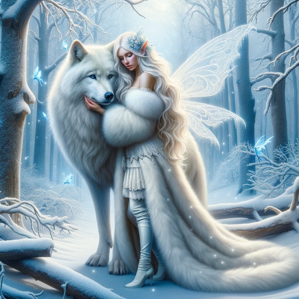 Forest Fairy Queen with White Wolf in Winter Scene