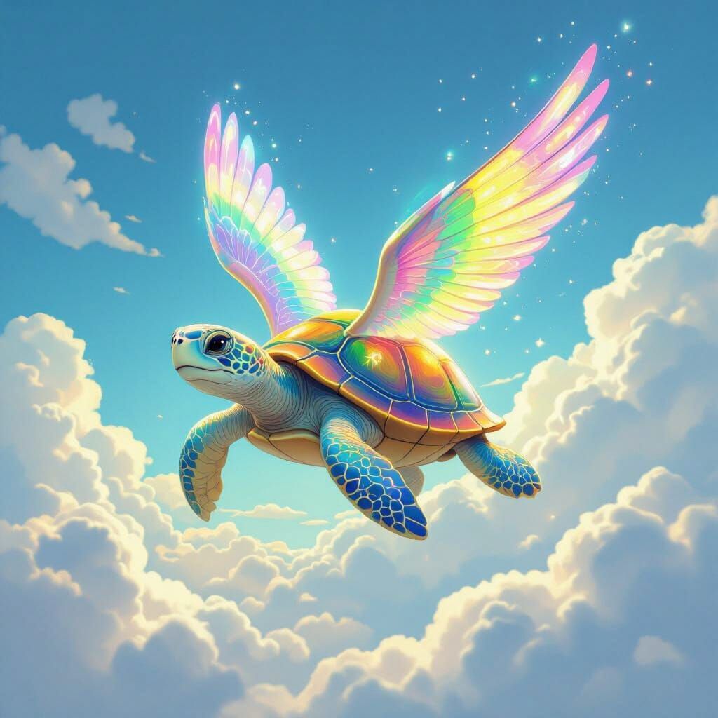 Enchanting Turtle with Rainbow Wings Soars Through Sky
