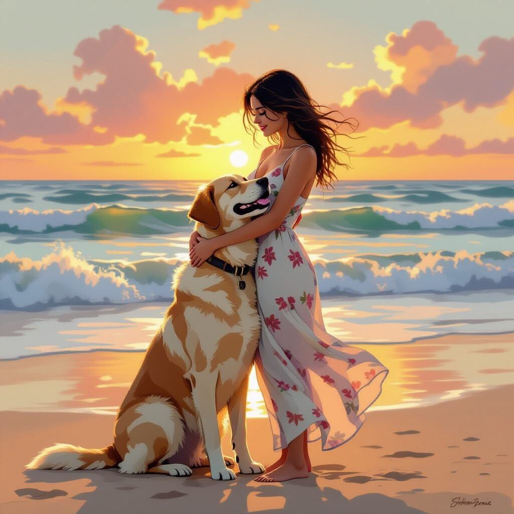 Woman and Labrador Retriever at Sunset in Vibrant Style