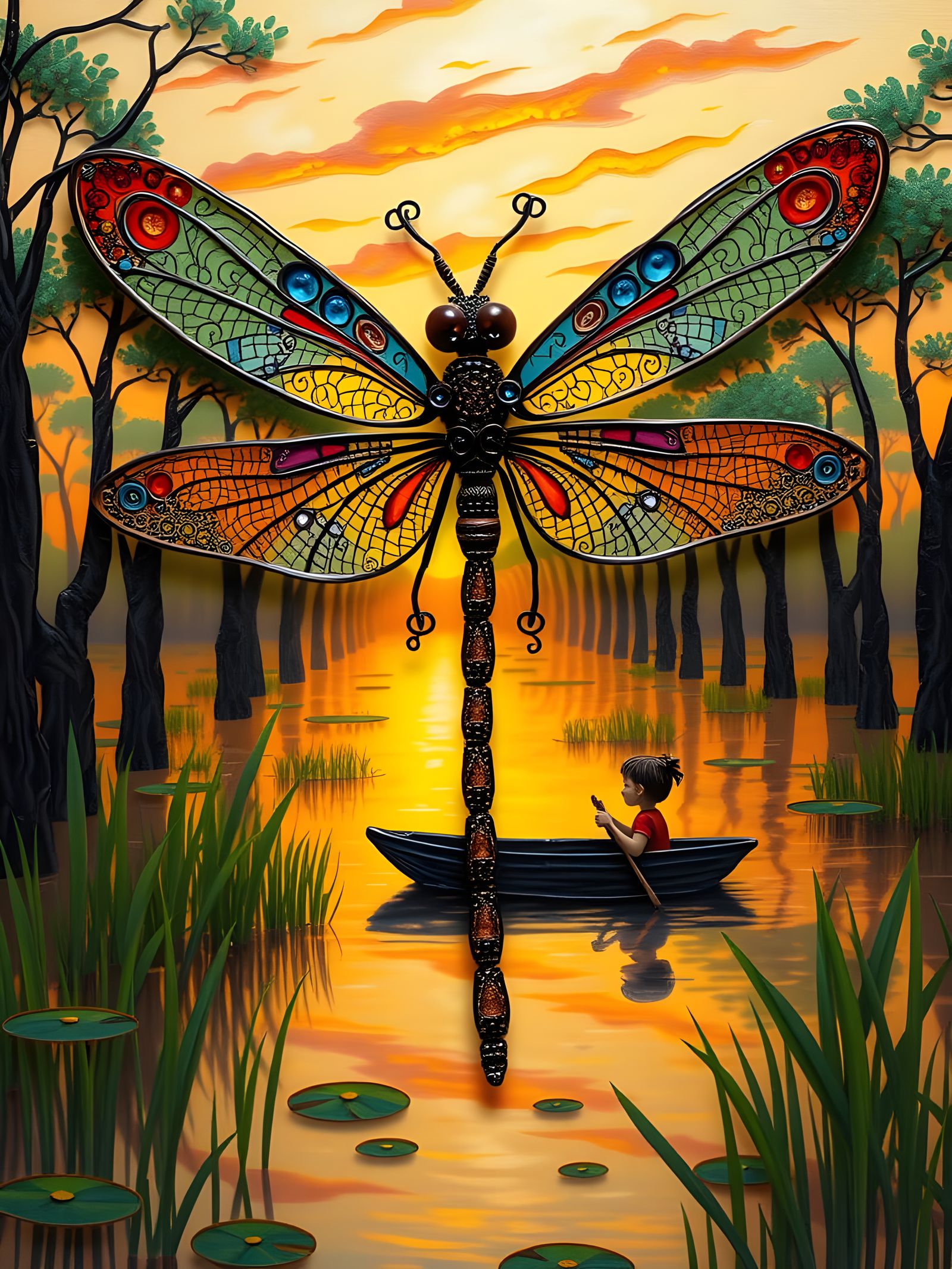 Resin Wire Art Dragonfly Over Swamp Sunset