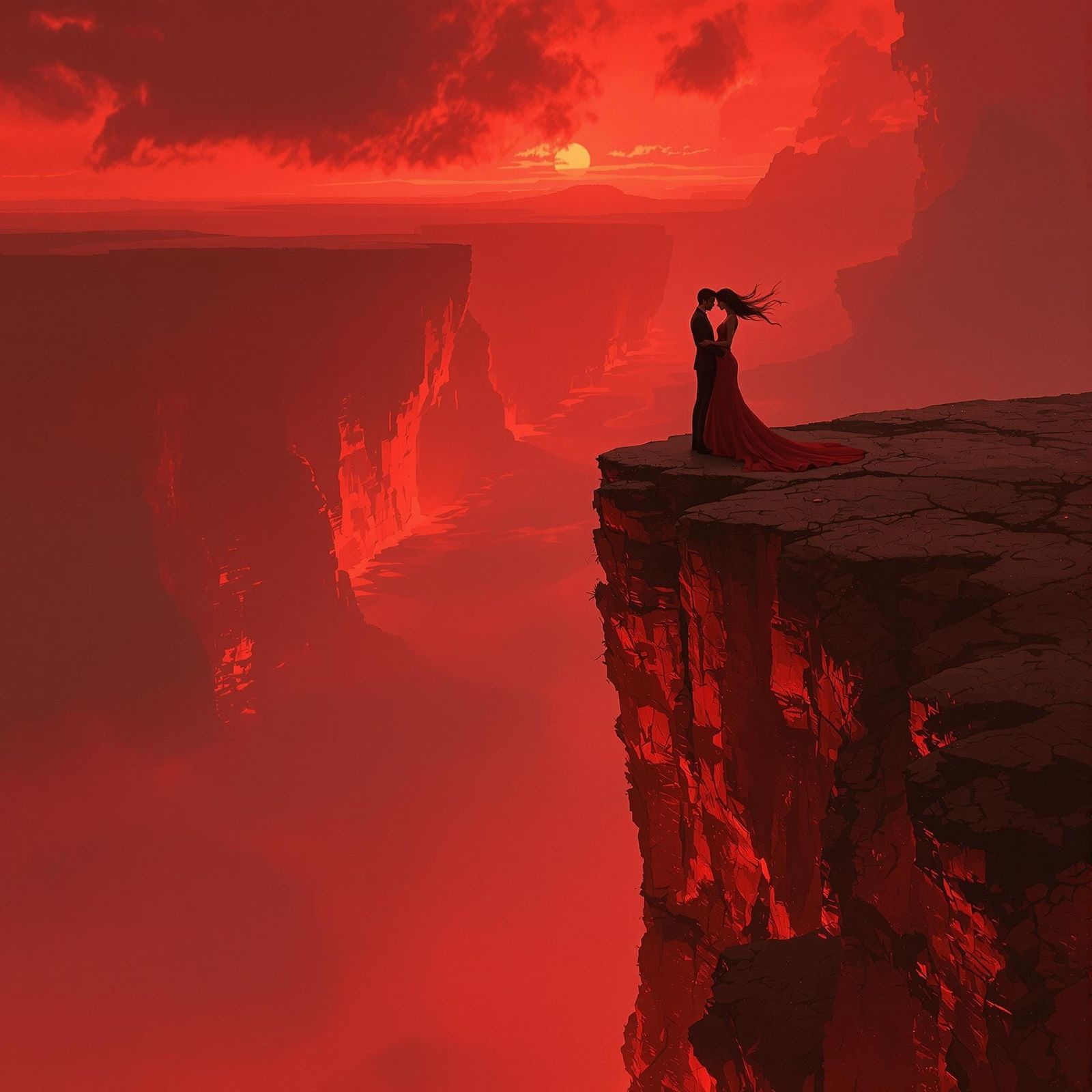 A couple in elegant, flowing attire, stands in silhouette on...