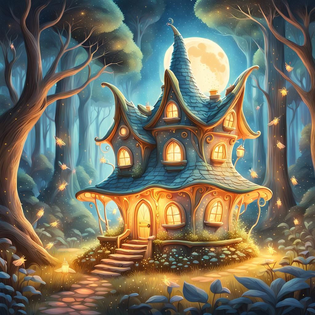 Glowing Fairy House in Forest: Storybook Illustration