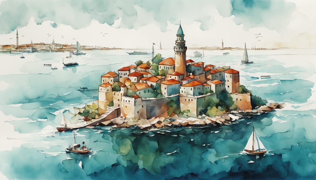 Turquoise Maiden's Tower Aerial Watercolor