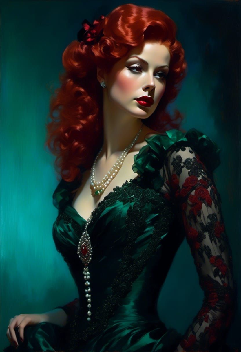 1940s Noir Femme Fatale Portrait with Red Hair
