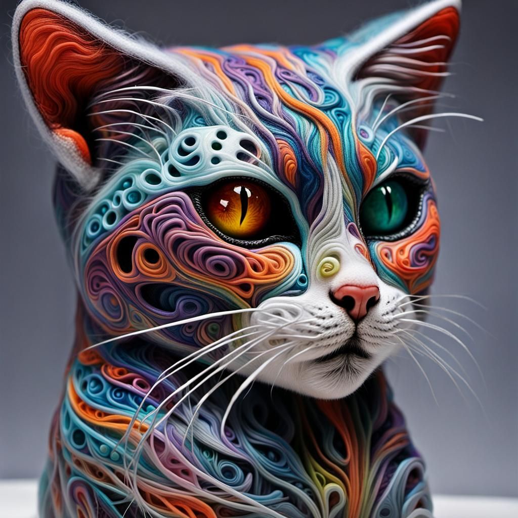 Surreal Chrome Cat in Geometric Zentangle Style