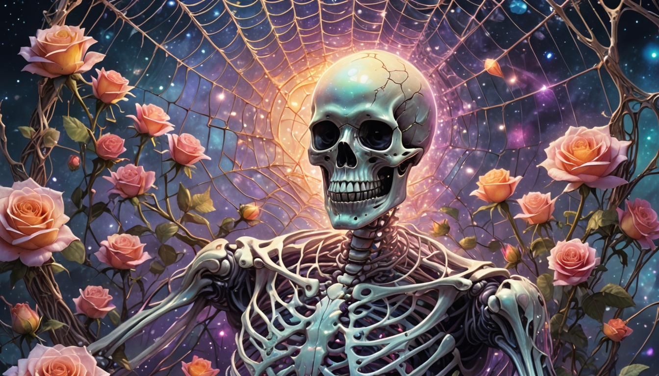 Astral Skeleton with Roses in Holographic Illustration
