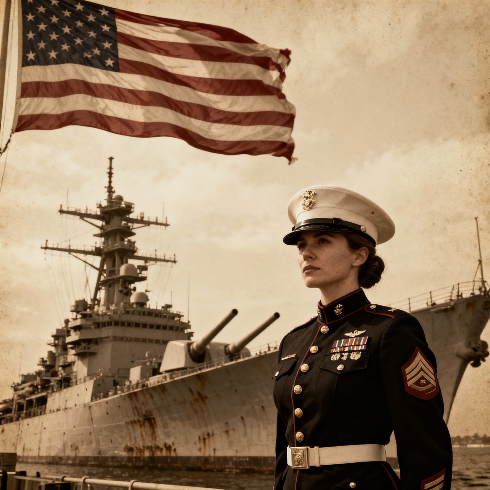 US Marine in Dress Blues Before Battleship
