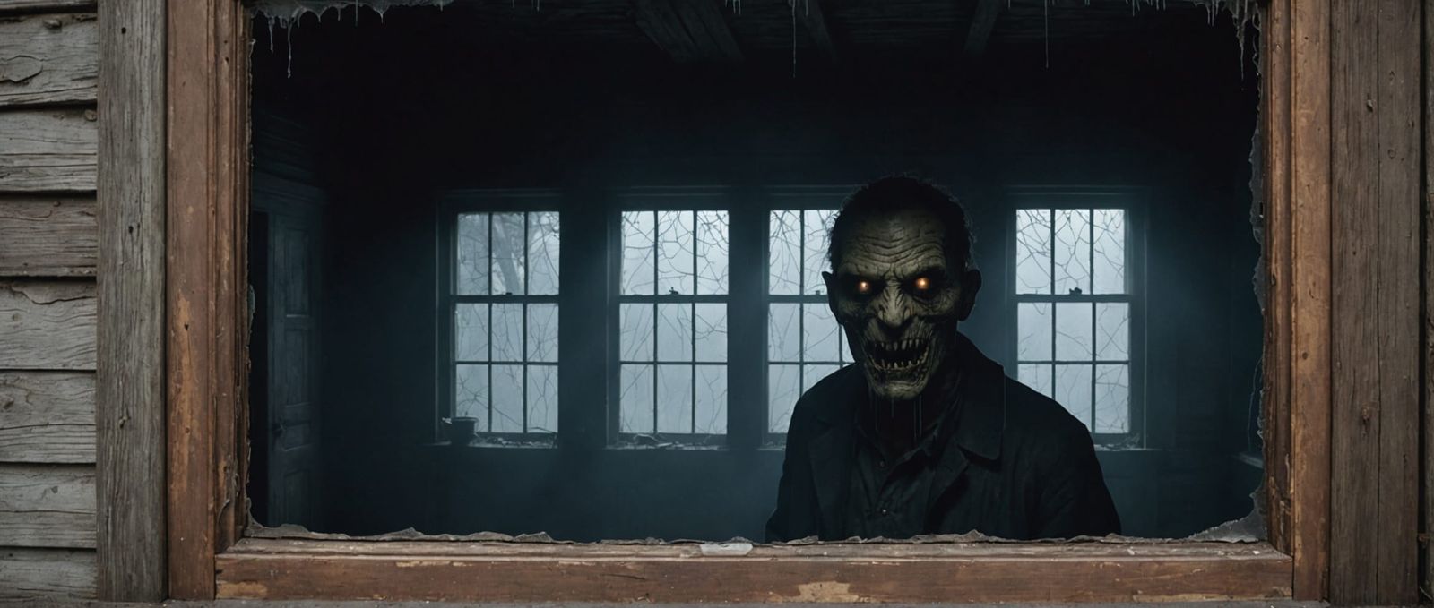 Monster in Fog Peering Through Abandoned Window