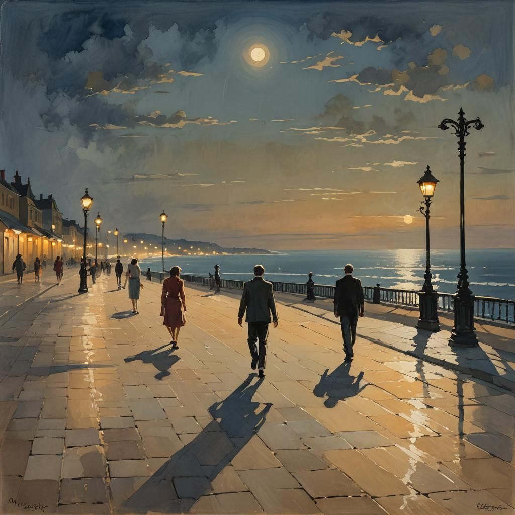 Seaside Promenade at Night: Impasto Street Art