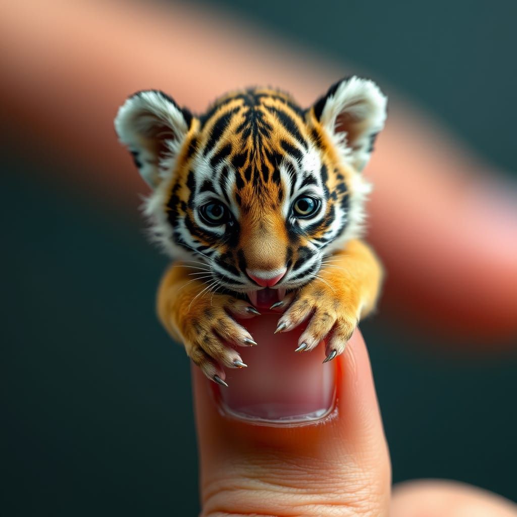 Hyper-Realistic Tiger Cub Perched on a Human Thumb