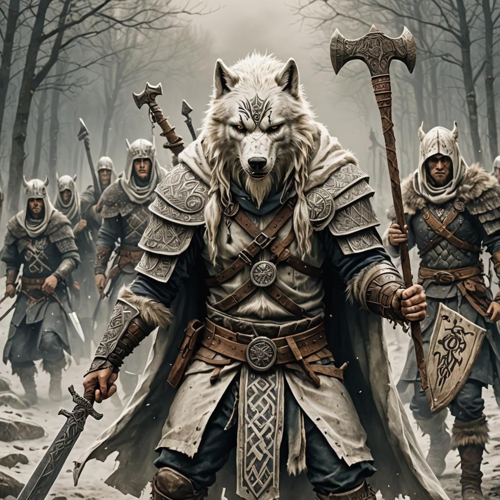 Ghostly Germanic Warrior with Wolf Hood and Runes