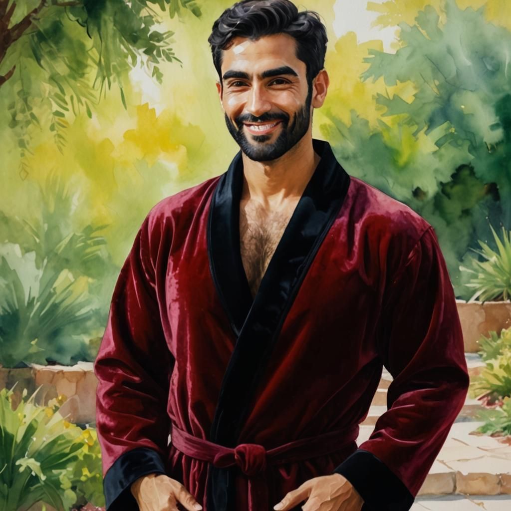 Smiling Man in Red Velvet Robe, Impasto Oil Painting