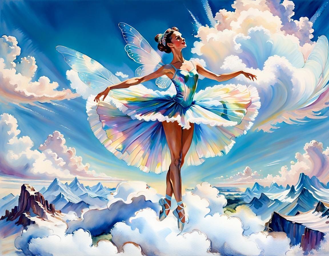 Ballerina Dancing on Clouds, Impressionistic Watercolor