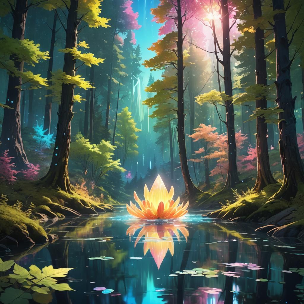 Glowing Creature in Iridescent Forest: Vibrant 3D Anime Art