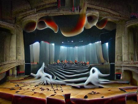Ghostly Orchestra Performs in Empty Theater: Surreal 3D Art
