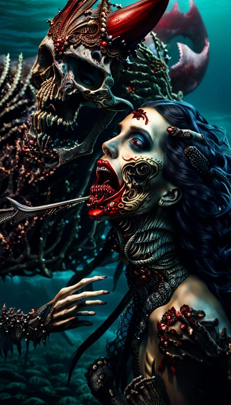 Zombie Mermaid Queen Feast in Hyperrealistic Detail
