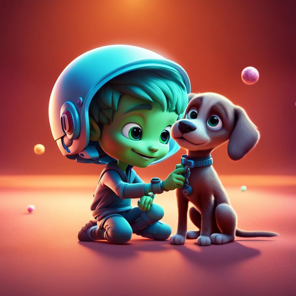 Martian Boy and Puppy: 3D Digital Art